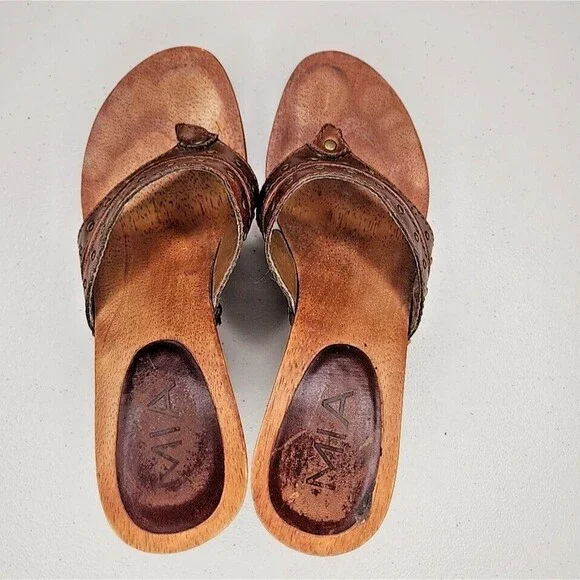 Vintage 90s y2k Bratz MIA Brown Leather Wood Sole Slides Heeled Sandals 7 EUC - Picture 3 of 8